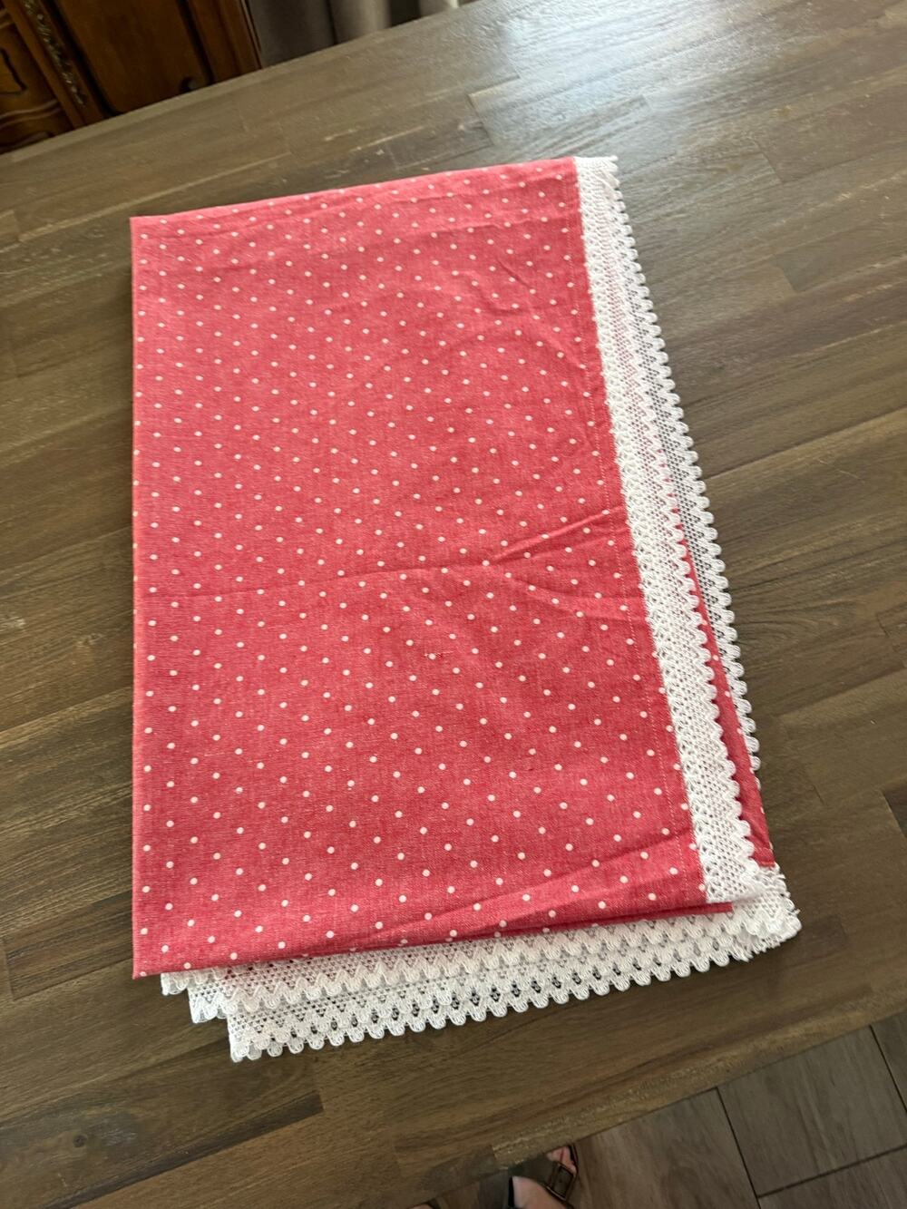 Max Studio Home Rectangle Tablecloth Red, White Polka Dot and Lace Trim